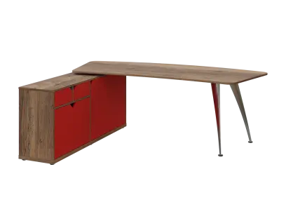 KUZR 18-22 L stůl rohový, provedení levé, úložný prostor, chromová podnož, dub halifax cínový/červená