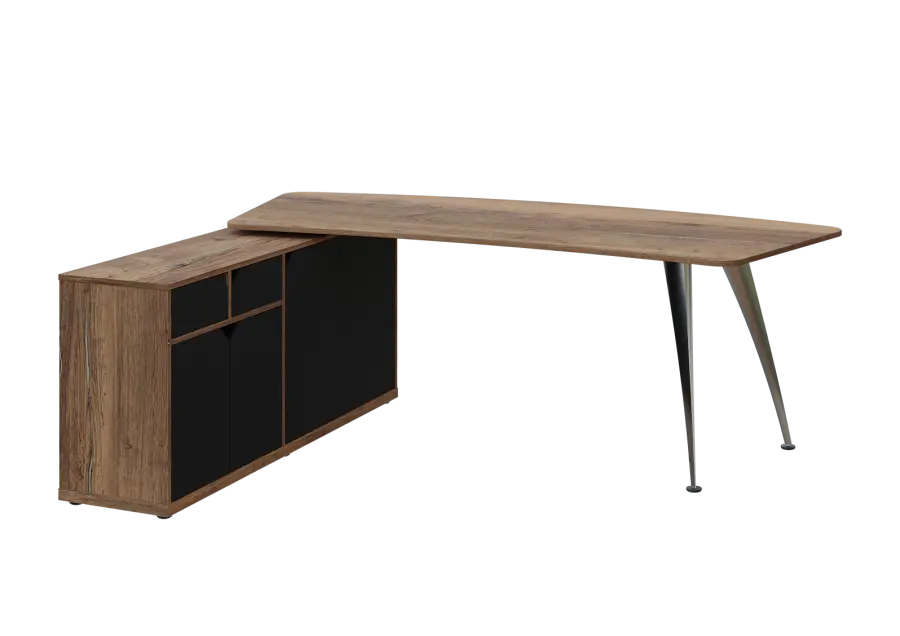 KUZR 18-22 L stůl rohový, provedení levé, úložný prostor, chromová podnož, dub halifax cínový/černá