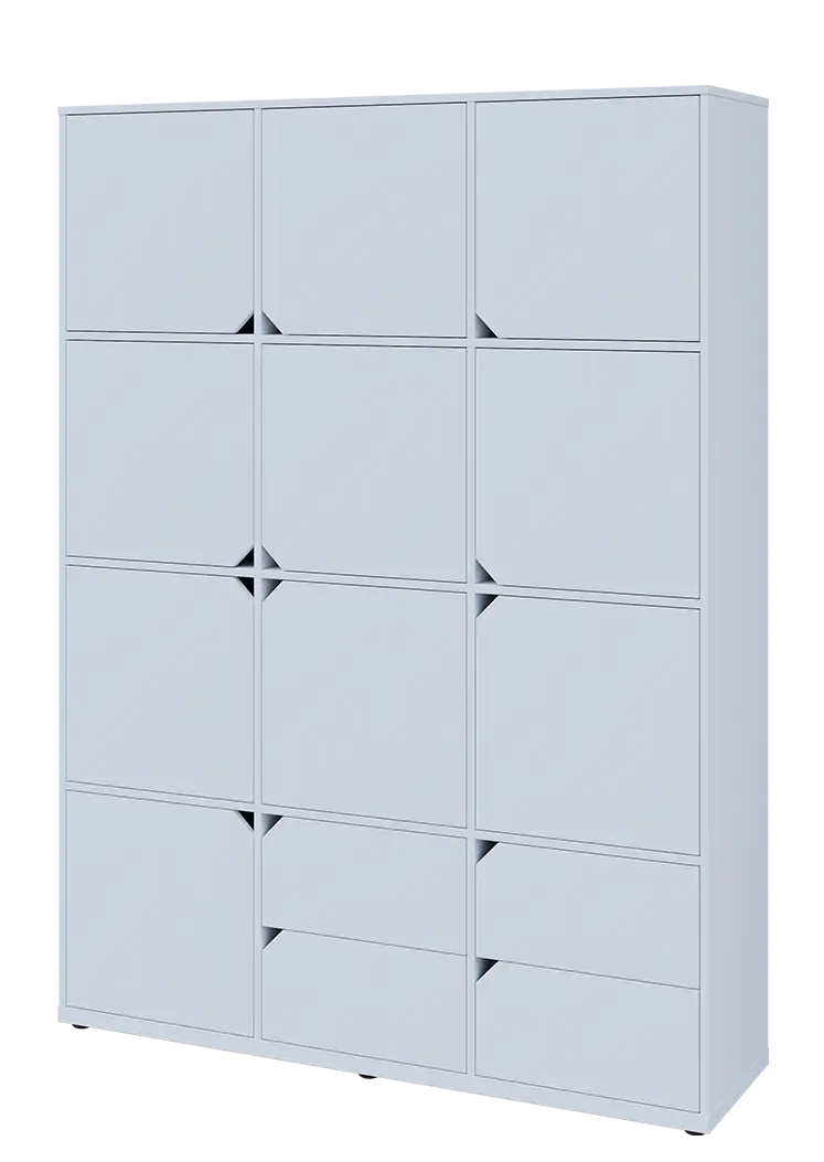 KU6-15DZ4 L skříň vysoká 10-dvéřová, zásuvky, 2053x1522x400 mm, provedení levé, bílá sněžná