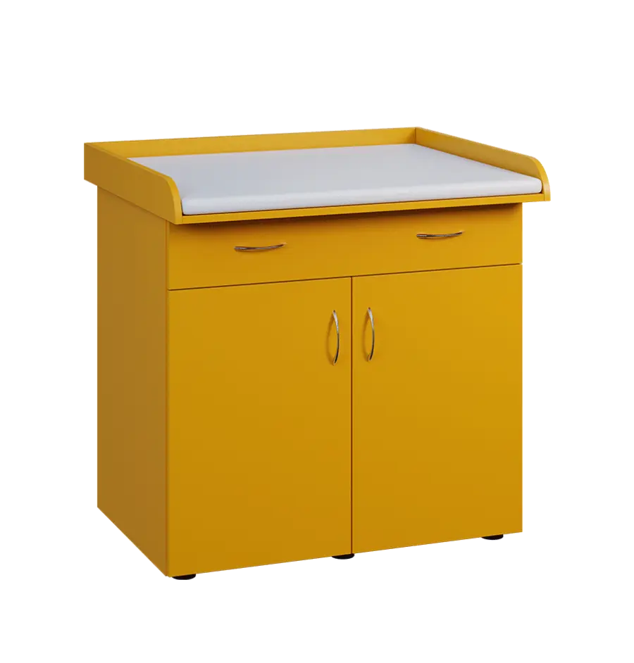 PP - 100 pult přebalovací s matrací, 2-dveřové, 1-zásuvka lamino - žlutá odio, koženka bílá BA-1