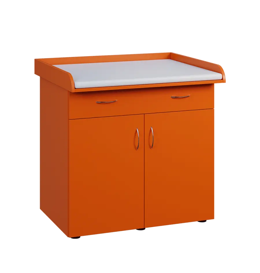 PP - 100 pult přebalovací s matrací, 2-dveřové, 1-zásuvka lamino - pomeranč, koženka bílá BA-1