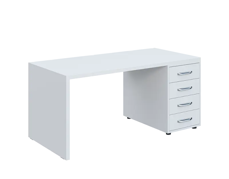 QPL 8 - 16Z4 stůl pracovní, dřevěná podnož, 4-zásuvkový, pravý, deska 36 mm, široký 1600 mm, bílá