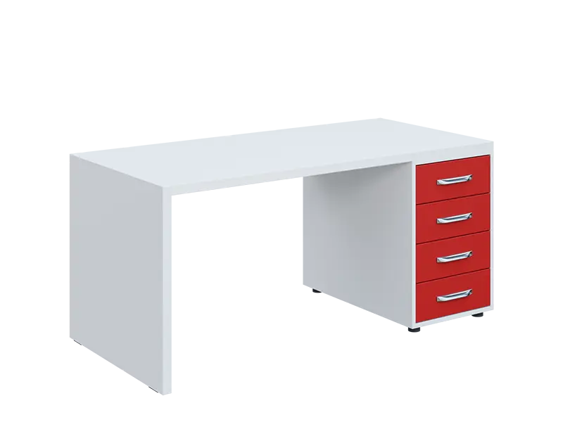 QPL 8 - 16Z4 stůl pracovní, dřevěná podnož, 4-zásuvkový, pravý, deska 36 mm, široký 1600 mm, bílá/červená flamengo