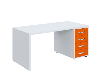 QPL 8 - 16Z4 stůl pracovní, dřevěná podnož, 4-zásuvkový, pravý, deska 36 mm, široký 1600 mm, bílá/pomeranč