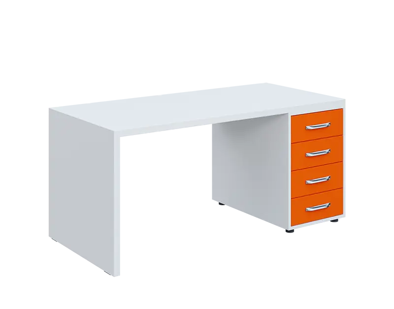 QPL 8 - 16Z4 stůl pracovní, dřevěná podnož, 4-zásuvkový, pravý, deska 36 mm, široký 1600 mm, bílá/pomeranč