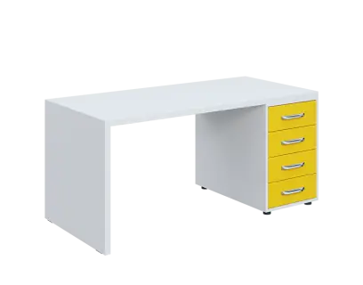 QPL 8 - 16Z4 stůl pracovní, dřevěná podnož, 4-zásuvkový, pravý, deska 36 mm, široký 1600 mm, bílá/žlutá odio