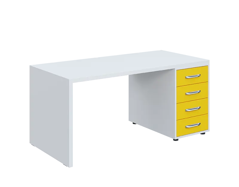 QPL 8 - 16Z4 stůl pracovní, dřevěná podnož, 4-zásuvkový, pravý, deska 36 mm, široký 1600 mm, bílá/žlutá odio