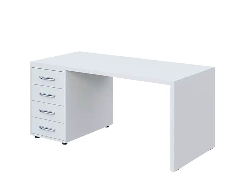 QPL 8 - 16Z4 stůl pracovní, dřevěná podnož, 4-zásuvkový, levý, deska 36 mm, široký 1600 mm, bílá