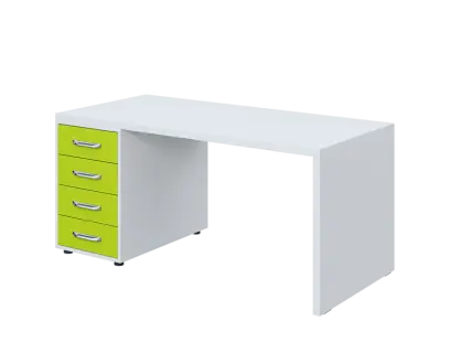 QPL 8 - 16Z4 stůl pracovní, dřevěná podnož, 4-zásuvkový, levý, deska 36 mm, široký 1600 mm, bílá/jarní zeleň