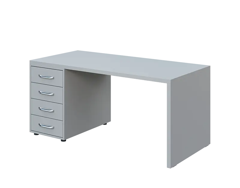 QPL 8 - 16Z4 stůl pracovní, dřevěná podnož, 4-zásuvkový, levý, deska 36 mm, široký 1600 mm, šedá