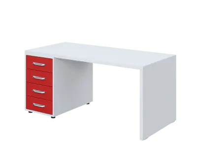 QPL 8 - 16Z4 stůl pracovní, dřevěná podnož, 4-zásuvkový, levý, deska 36 mm, široký 1600 mm, bílá/červená flamengo