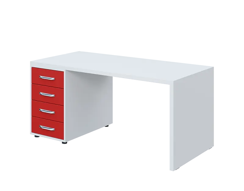 QPL 8 - 16Z4 stůl pracovní, dřevěná podnož, 4-zásuvkový, levý, deska 36 mm, široký 1600 mm, bílá/červená flamengo