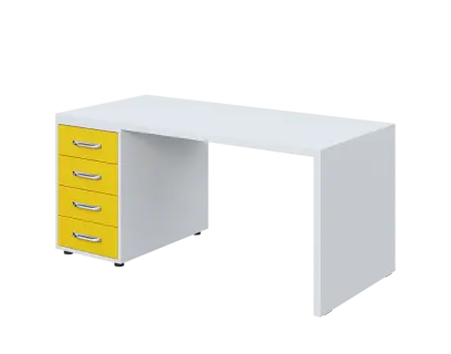 QPL 8 - 16Z4 stůl pracovní, dřevěná podnož, 4-zásuvkový, levý, deska 36 mm, široký 1600 mm, bílá/žlutá odio