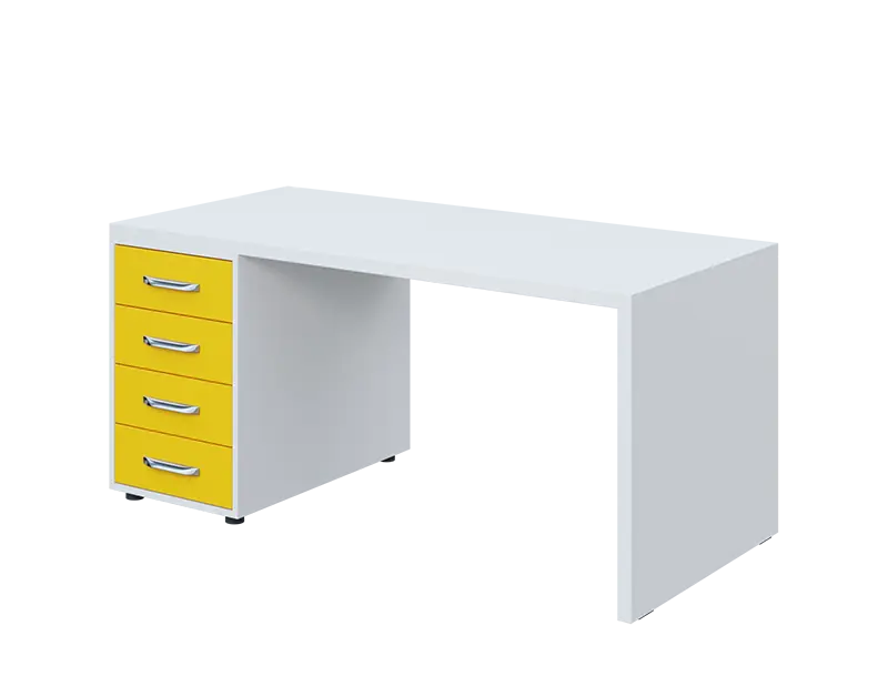 QPL 8 - 16Z4 stůl pracovní, dřevěná podnož, 4-zásuvkový, levý, deska 36 mm, široký 1600 mm, bílá/žlutá odio