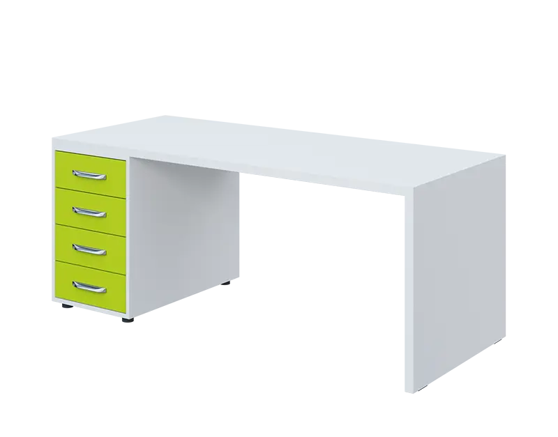 QPL 8 - 18Z4 stůl pracovní, dřevěná podnož, 4-zásuvkový levý, deska 36 mm, široký 1800 mm, bílá/jarní zeleň