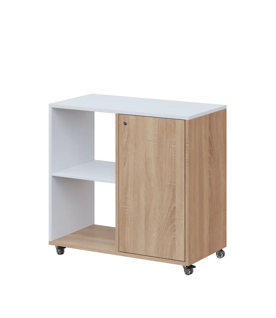 AERO 23 L kancelářská skříň, 1-dveřová/2 niky, levá, 750x800x400, kolečka, platinově bílá/dub bardolino