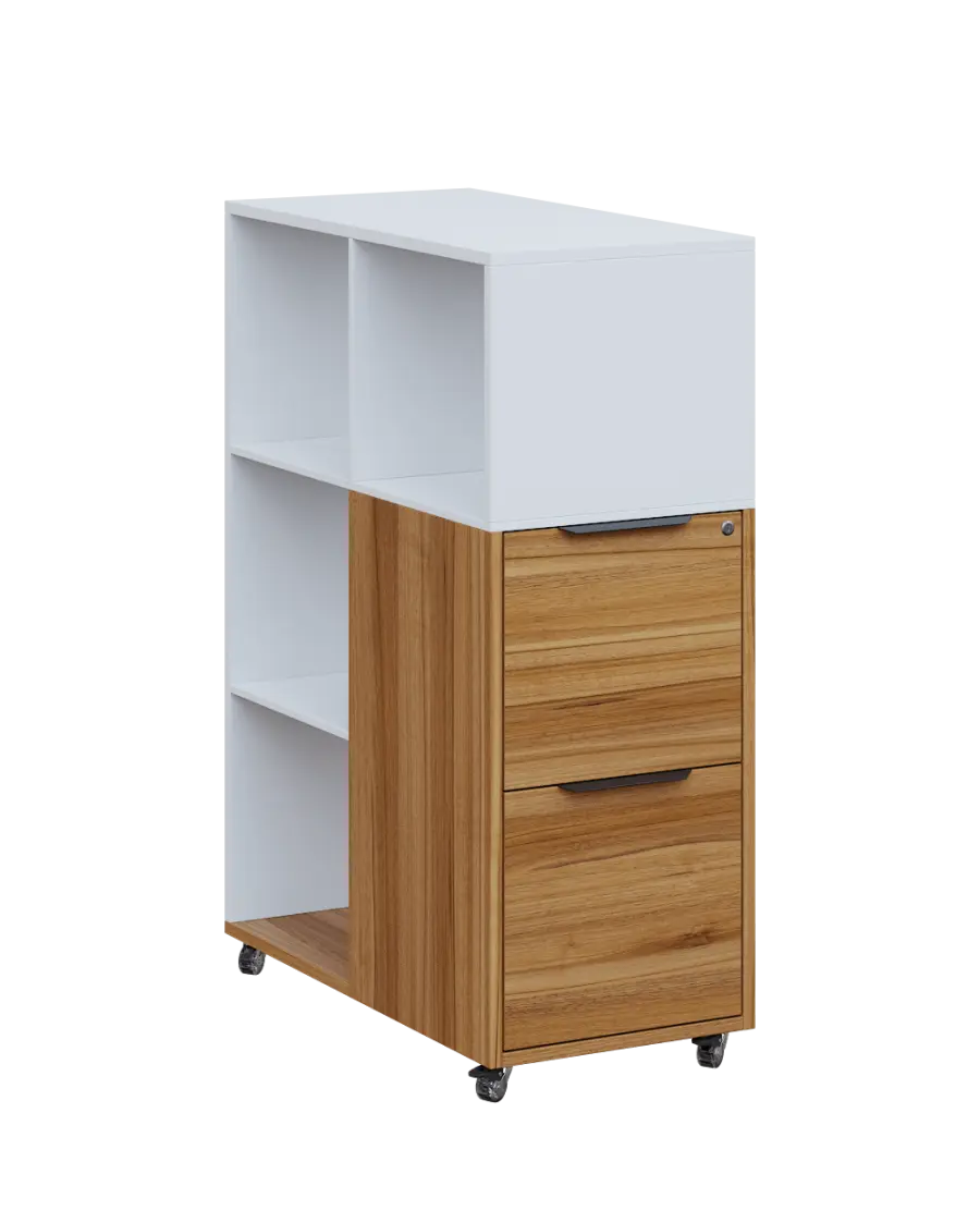 AERO 31 kancelářská skříň, 2-zásuvková/4 niky, 1100x400x800, kolečka, platinově bílá/ořech světlý