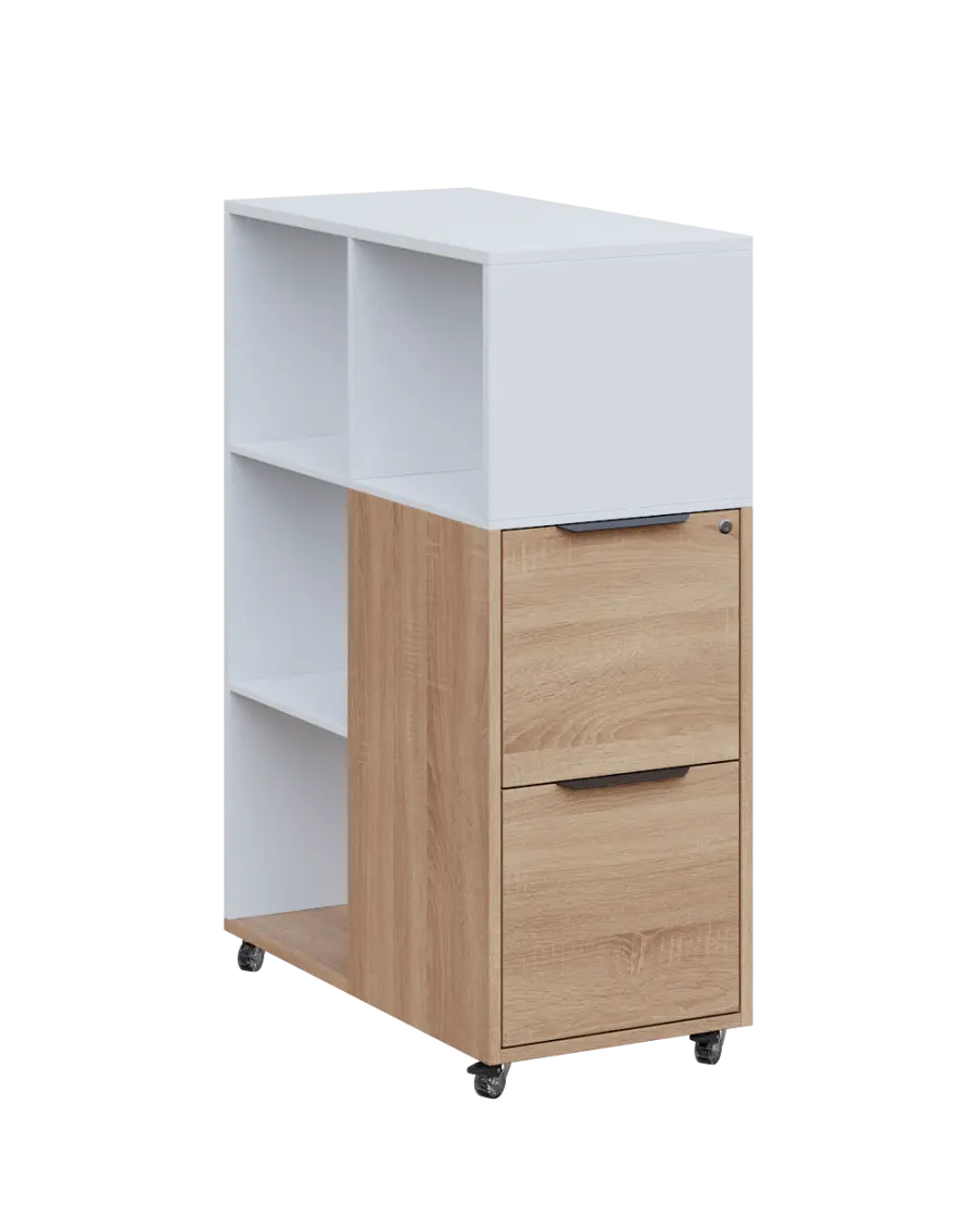 AERO 31 kancelářská skříň, 2-zásuvková/4 niky, 1100x400x800, kolečka, platinově bílá/dub bardolino