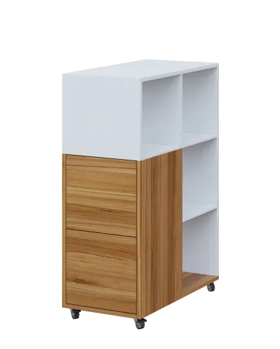 AERO 32 L kancelářská skříň, 2-dveřová/4 niky, levá, 1100x400x800, kolečka, platinově bílá/ořech světlý