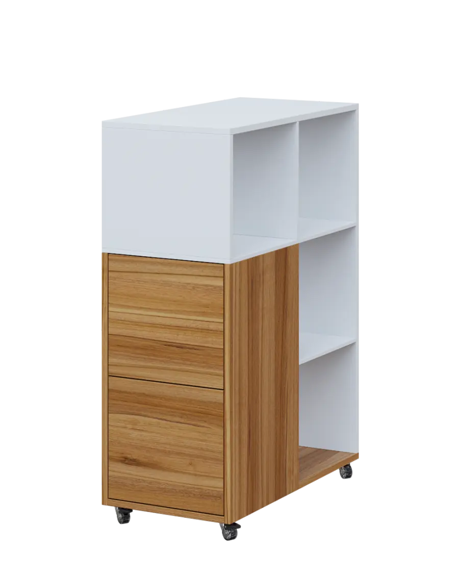 AERO 32 L kancelářská skříň, 2-dveřová/4 niky, levá, 1100x400x800, kolečka, platinově bílá/ořech světlý