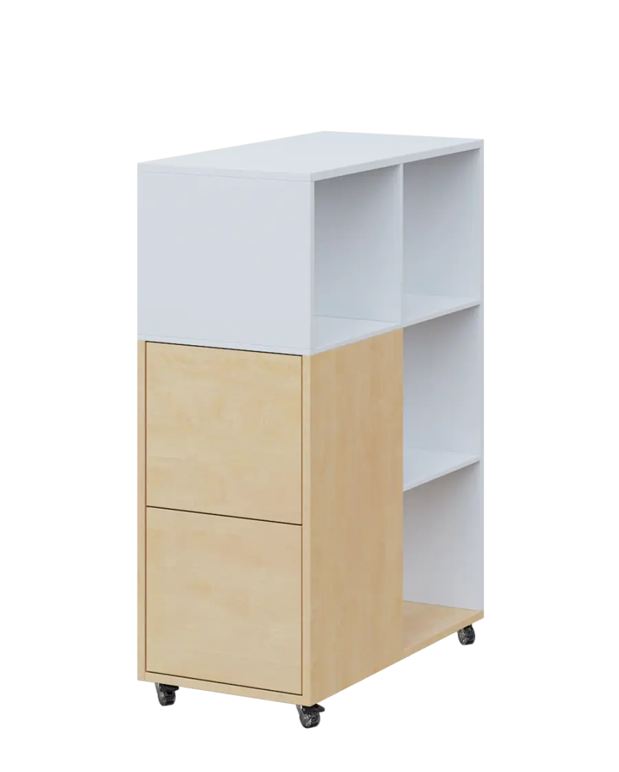 AERO 32 L kancelářská skříň, 2-dveřová/4 niky, levá, 1100x400x800, kolečka, platinově bílá/bříza světlá