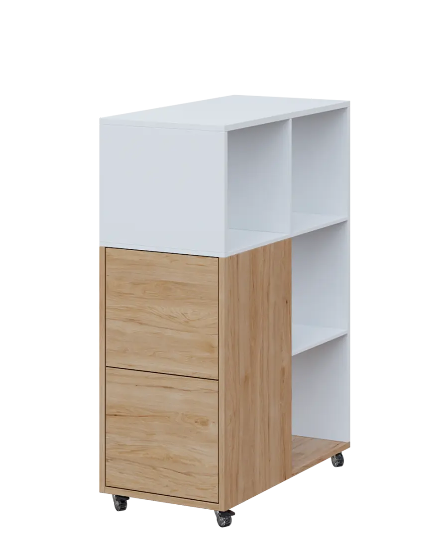 AERO 32 L kancelářská skříň, 2-dveřová/4 niky, levá, 1100x400x800, kolečka, platinově bílá/dub bardolino