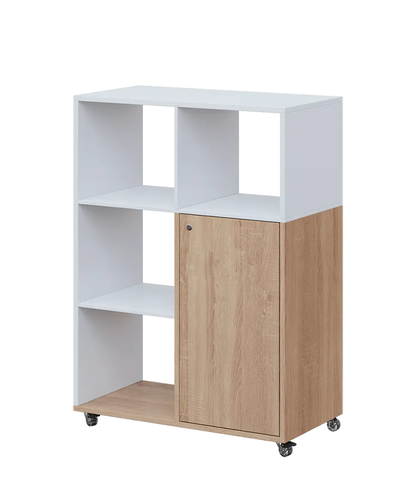 AERO 33 L kancelářská skříň, 1-dveřová/4 niky, levá, 1100x800x400, kolečka, platinově bílá/dub bardolino