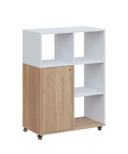 AERO 33 P kancelářská skříň, 1-dveřová/4 niky, pravá, 1100x800x400, kolečka, platinově bílá/dub bardolino