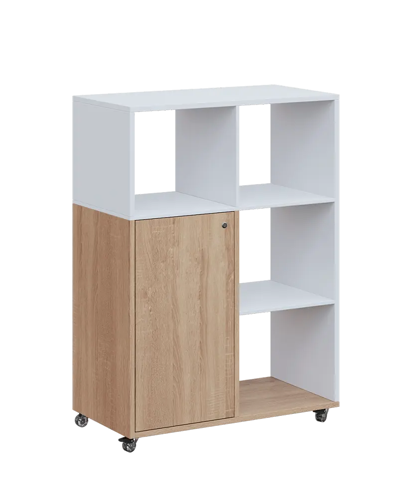 AERO 33 P kancelářská skříň, 1-dveřová/4 niky, pravá, 1100x800x400, kolečka, platinově bílá/dub bardolino