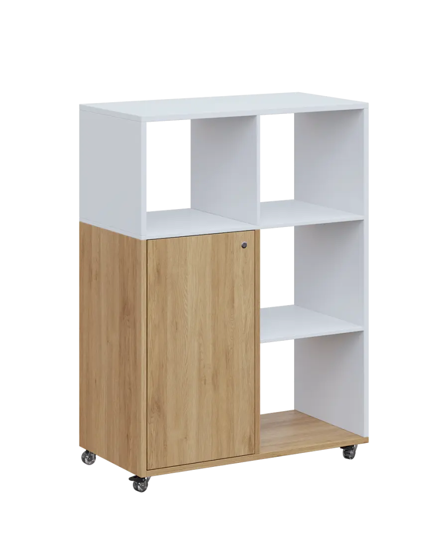 AERO 33 P kancelářská skříň, 1-dveřová/4 niky, pravá, 1100x800x400, kolečka, platinově bílá/dub fjord