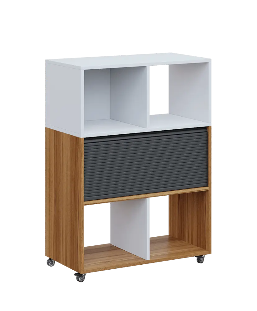 AERO 35 kancelářská skříň, roletková/4 niky, 1100x800x400, kolečka, platinově bílá/ořech světlý