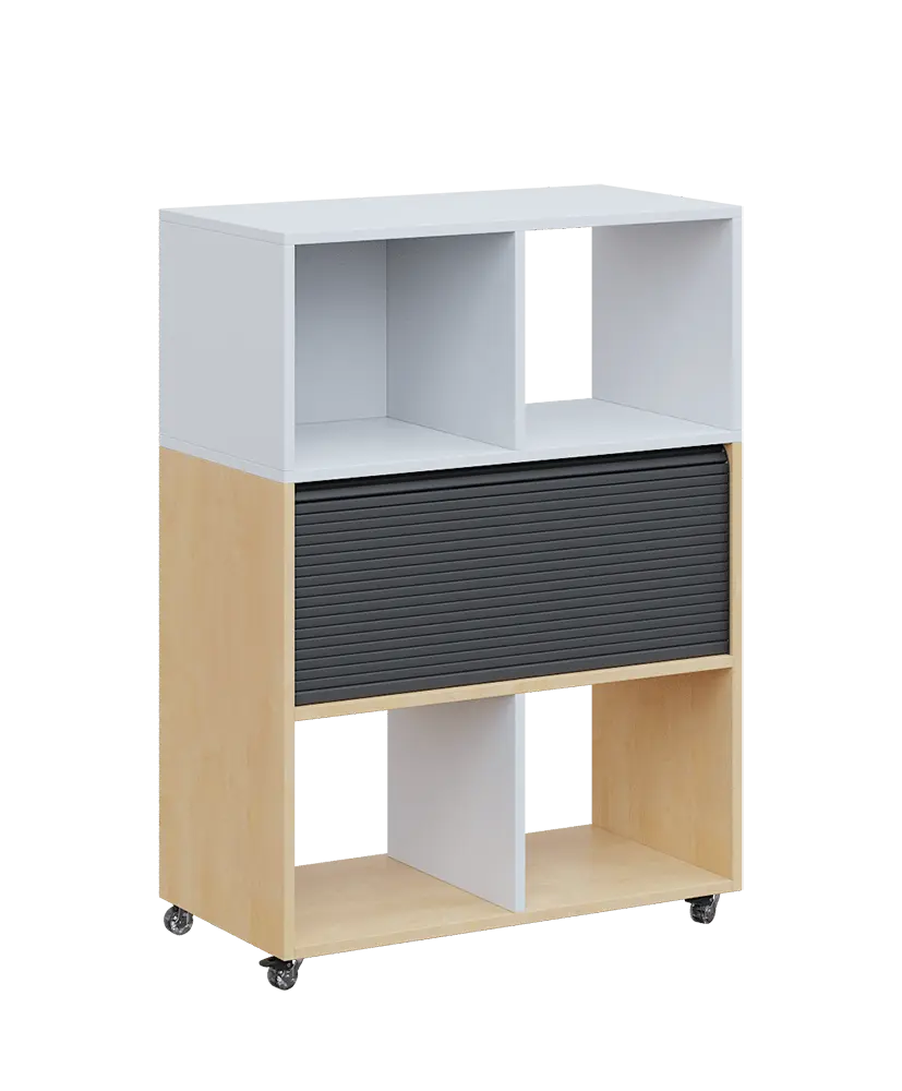 AERO 35 kancelářská skříň, roletková/4 niky, 1100x800x400, kolečka, platinově bílá/bříza irská