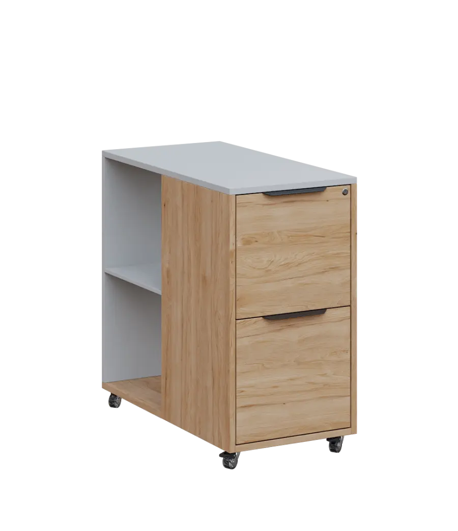 AERO 21 kancelářská skříň, 2-zásuvková/2 niky, 750x400x800, kolečka, šedá/dub hickory