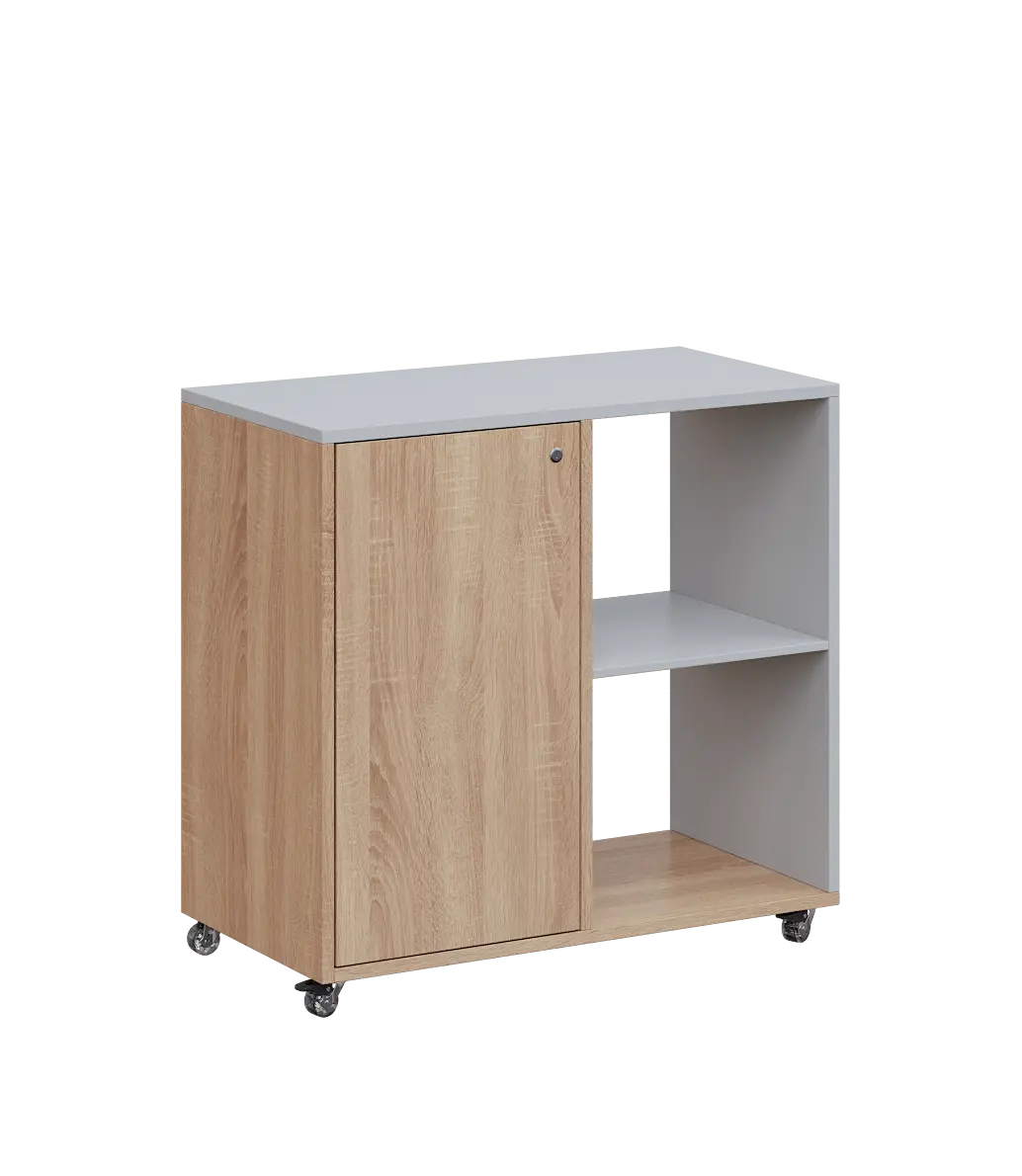 AERO 23 P kancelářská skříň, 1-dveřová/2 niky, pravá, 750x800x400, kolečka, šedá/dub bardolino