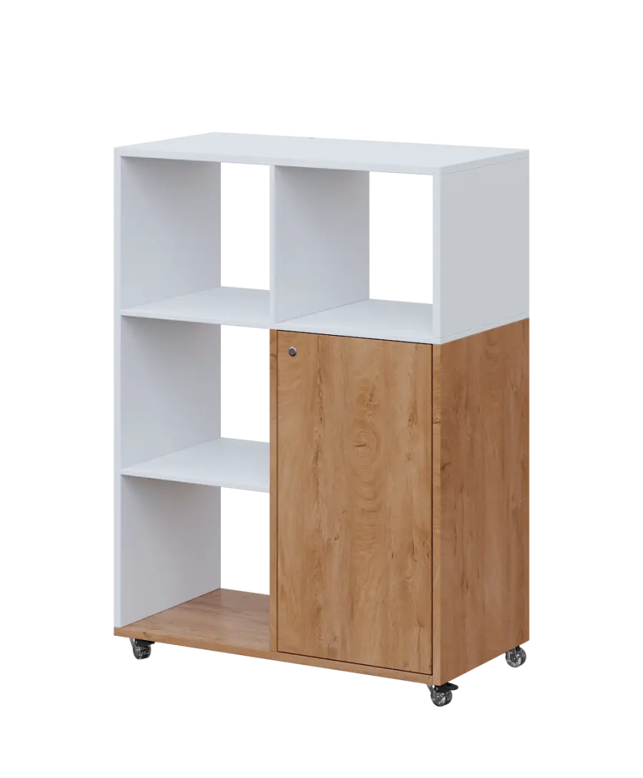 AERO 33 L kancelářská skříň, 1-dveřová/4 niky, levá, 1100x800x400, kolečka, platinově bílá/dub klasik