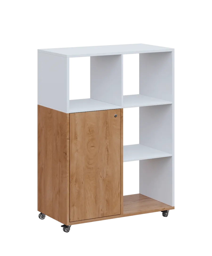 AERO 33 P kancelářská skříň, 1-dveřová/4 niky, pravá, 1100x800x400, kolečka, platinově bílá/dub klasik