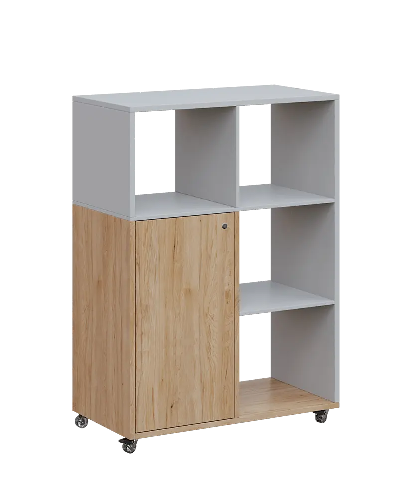 AERO 33 P kancelářská skříň, 1-dveřová/4 niky, pravá, 1100x800x400, kolečka, šedá/dub hickory