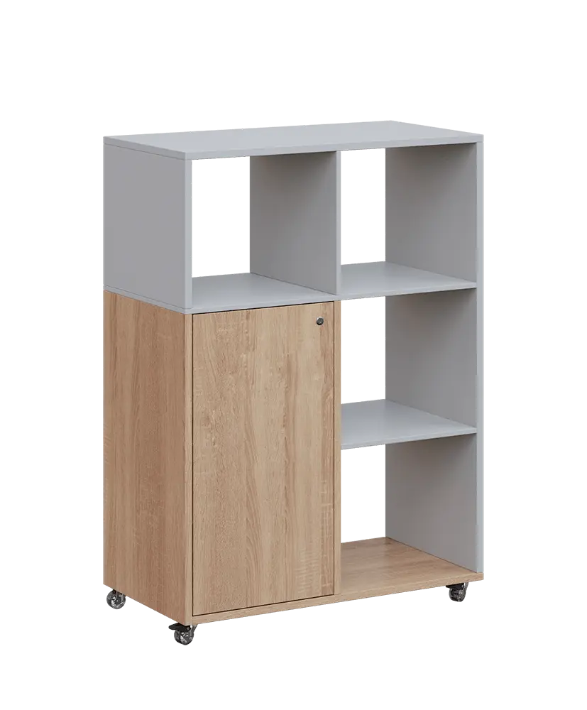 AERO 33 P kancelářská skříň, 1-dveřová/4 niky, pravá, 1100x800x400, kolečka, šedá/dub bardolino