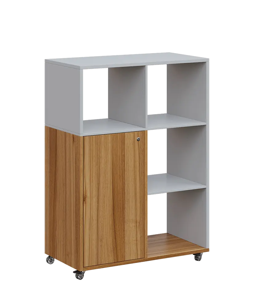 AERO 33 P kancelářská skříň, 1-dveřová/4 niky, pravá, 1100x800x400, kolečka, šedá/ořech světlý