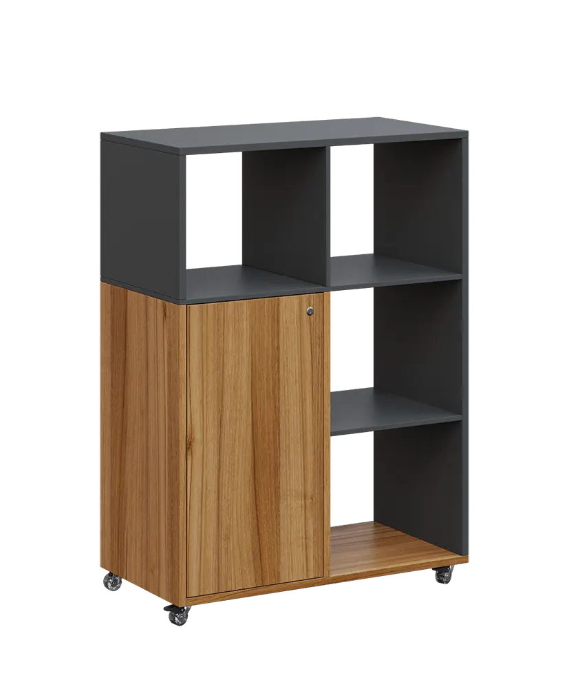 AERO 33 P kancelářská skříň, 1-dveřová/4 niky, pravá, 1100x800x400, kolečka, antracit/ořech světlý