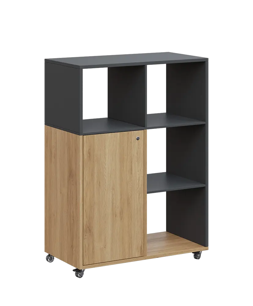 AERO 33 P kancelářská skříň, 1-dveřová/4 niky, pravá, 1100x800x400, kolečka, antracit/dub fjord