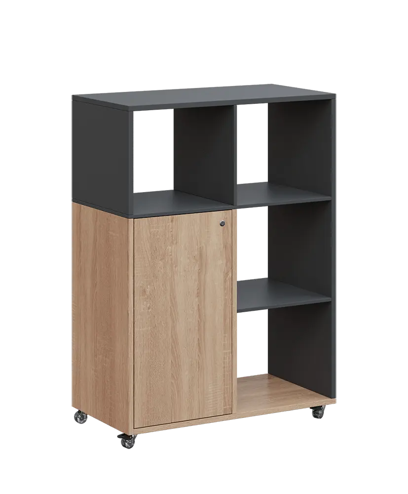 AERO 33 P kancelářská skříň, 1-dveřová/4 niky, pravá, 1100x800x400, kolečka, antracit/dub bardolino