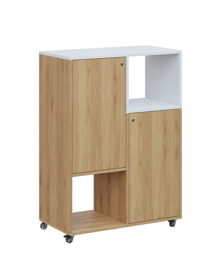 AERO 34 P kancelářská skříň, 2-dveřová/4 niky, pravá, 1100x800x400, kolečka, platinově bílá/dub fjord