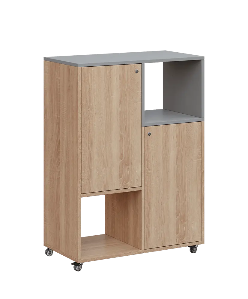 AERO 34 P kancelářská skříň, 2-dveřová/4 niky, pravá, 1100x800x400, kolečka, chinchilla šedá/dub bardolino