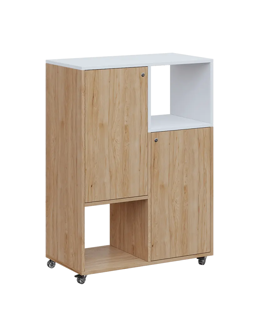 AERO 34 P kancelářská skříň, 2-dveřová/4 niky, pravá, 1100x800x400, kolečka, platinově bílá/dub hickory