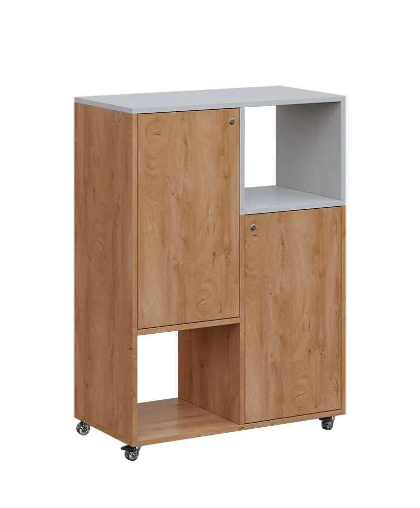 AERO 34 P kancelářská skříň, 2-dveřová/4 niky, pravá, 1100x800x400, kolečka, šedá/dub klasik