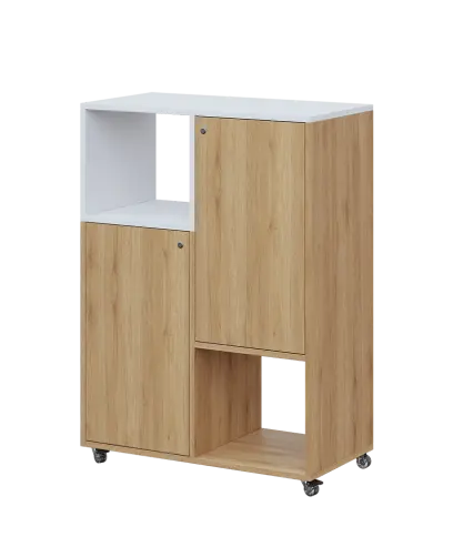 AERO 34 L kancelářská skříň, 2-dveřová/4 niky, levá, 1100x800x400, kolečka, platinově bílá/dub fjord