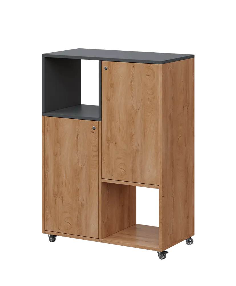 AERO 34 L kancelářská skříň, 2-dveřová/4 niky, levá, 1100x800x400, kolečka, antracit/dub klasik