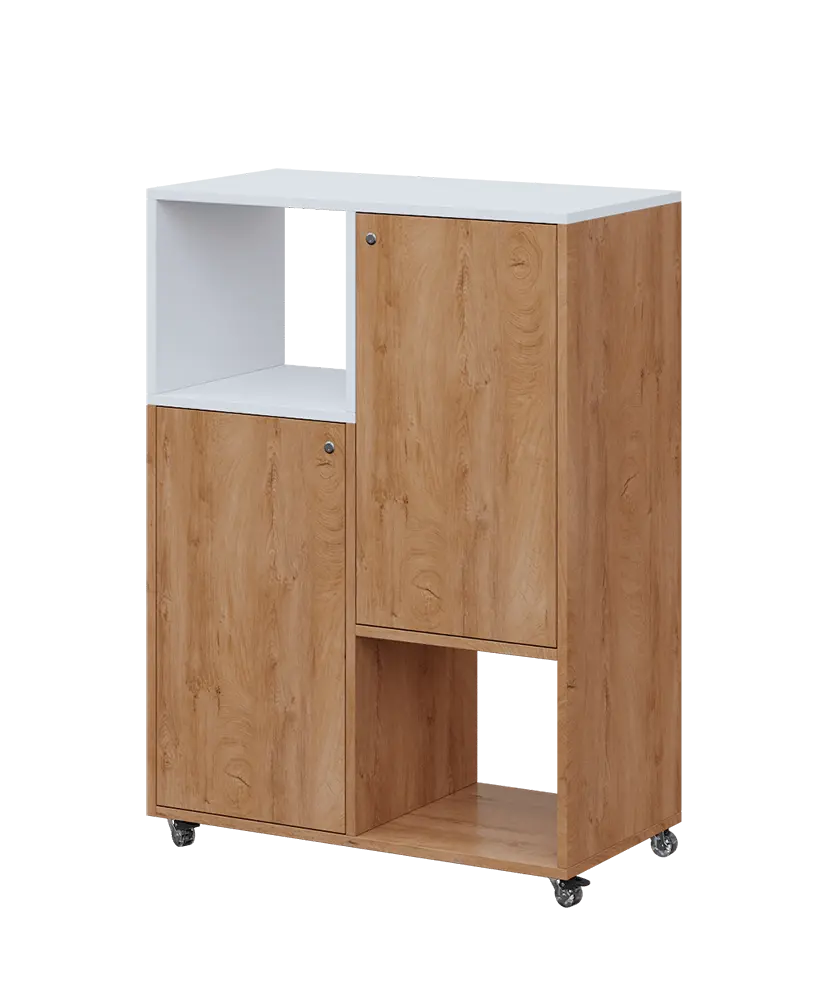 AERO 34 L kancelářská skříň, 2-dveřová/4 niky, levá, 1100x800x400, kolečka, platinově bílá/dub klasik