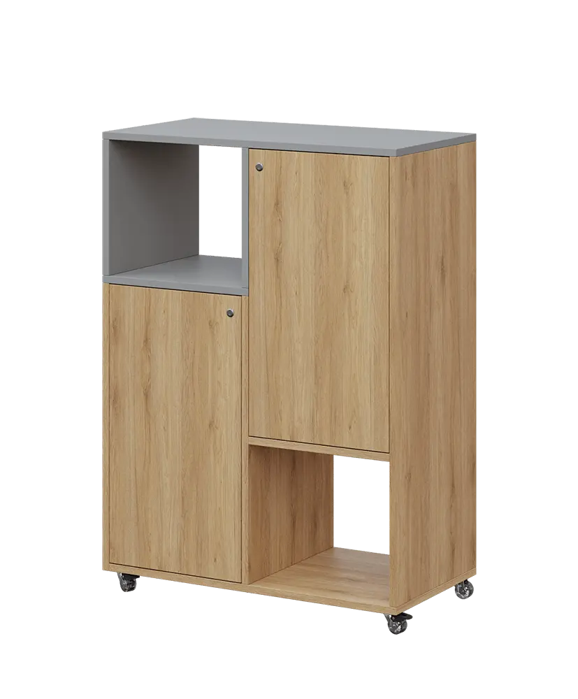 AERO 34 L kancelářská skříň, 2-dveřová/4 niky, levá, 1100x800x400, kolečka, chinchilla šedá/dub fjord